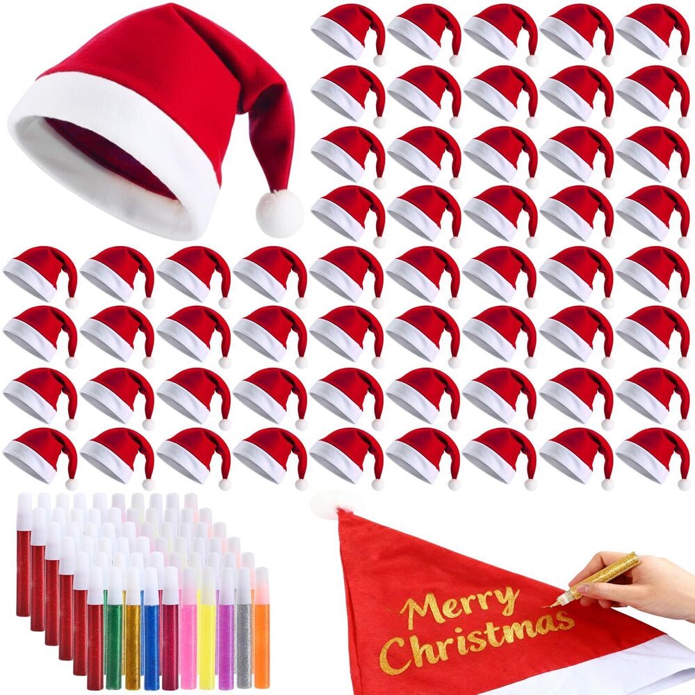 2902 50 Sets DIY Santa Hats Bulk Christmas Hat Include 50 Pcs 10 Colors